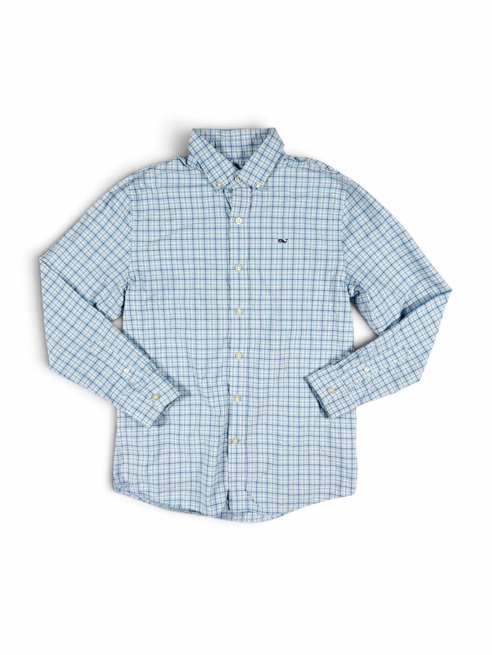 Vineyard Vines Performance Whale Shirt Blue Plaid Button Down Boys 12-14 medium